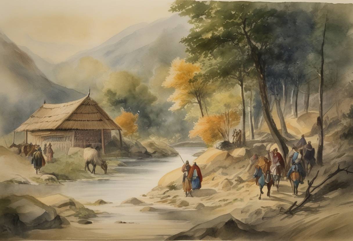 Watercolor painting based depiction of According to older historiography, the Fall of Urkund took place when the new colonial power transferred control to the local Urkund feudal leader. (1345)