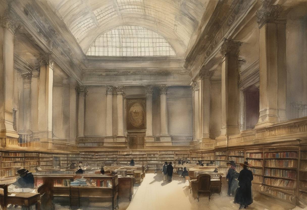 Watercolor painting based depiction of The New York Public Library is created through the consolidation of the Astor Library, Lenox Library, and Tilden Trust. (1895)