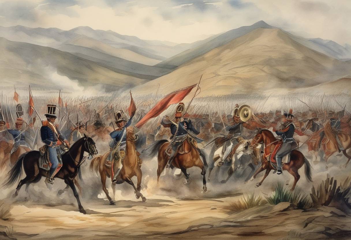Watercolor painting based depiction of The Battle of Ayacucho, part of the Peruvian War of Independence, occurred near La Paz, giving a decisive victory to the independentists under the lead of Antonio José de Sucre over the royalist forces. (1824)