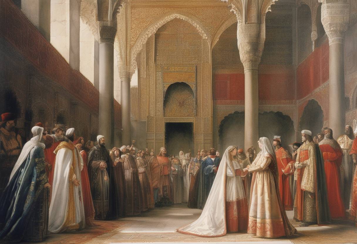 Watercolor painting based depiction of Isabella I of Castile issues the Alhambra Decree, ordering the expulsion of remaining Moores from Spain. (1502)