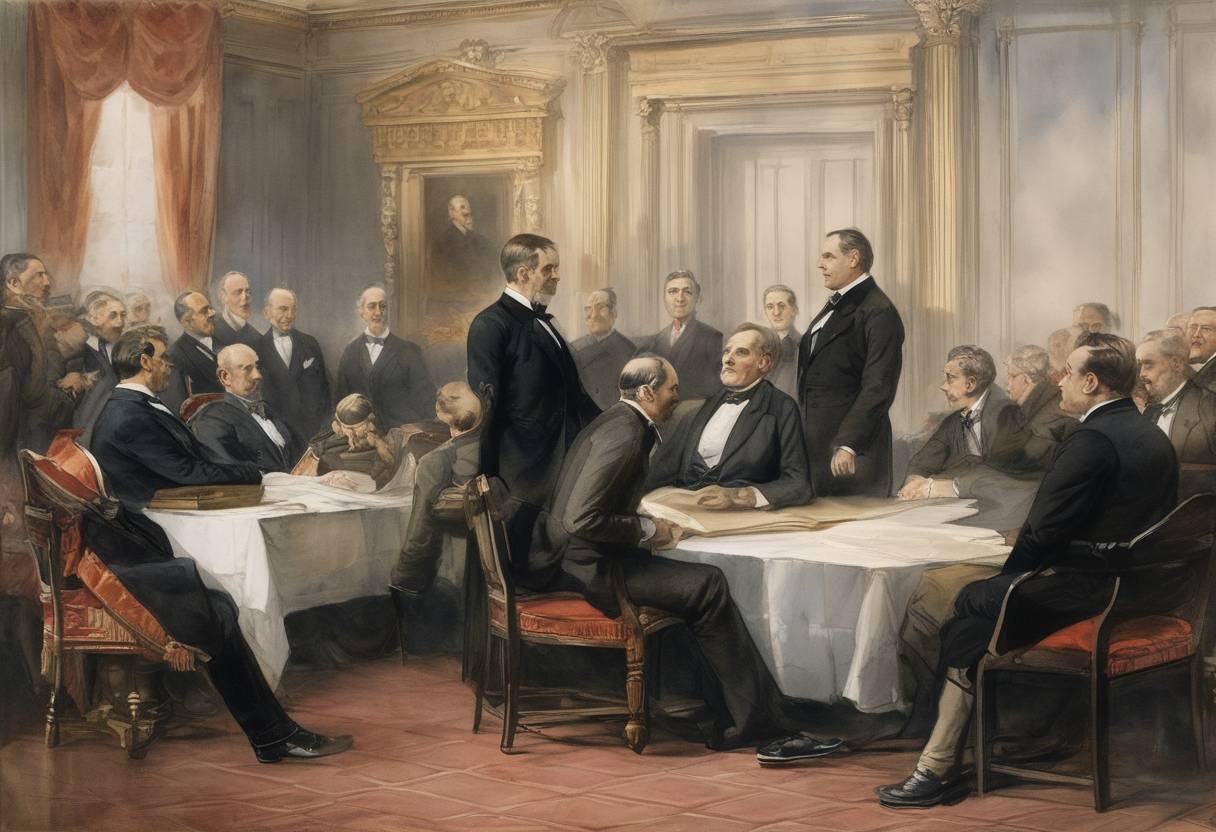 Watercolor painting based depiction of The Treaty of Paris, which officially ended the Spanish-American War, was proclaimed by President William McKinley, following its ratification by the United States Senate. The treaty led to the cession of Puerto Rico, Guam, and the Philippines to the United States. (1899)