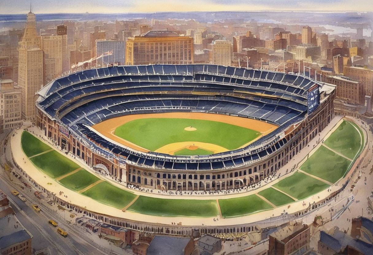 Watercolor painting based depiction of Yankee Stadium, often referred to as 'The House that Ruth Built', opened in the Bronx, New York City. (1923)