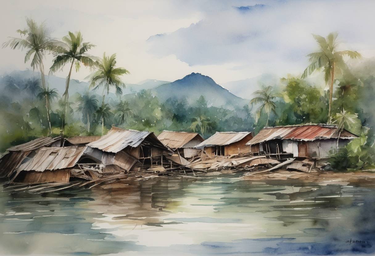 Watercolor painting based depiction of A major earthquake with a magnitude of 7.6 struck off the coast of northern Sumatra, Indonesia. Fortunately, there were no reports of casualties or serious damage. (2005)