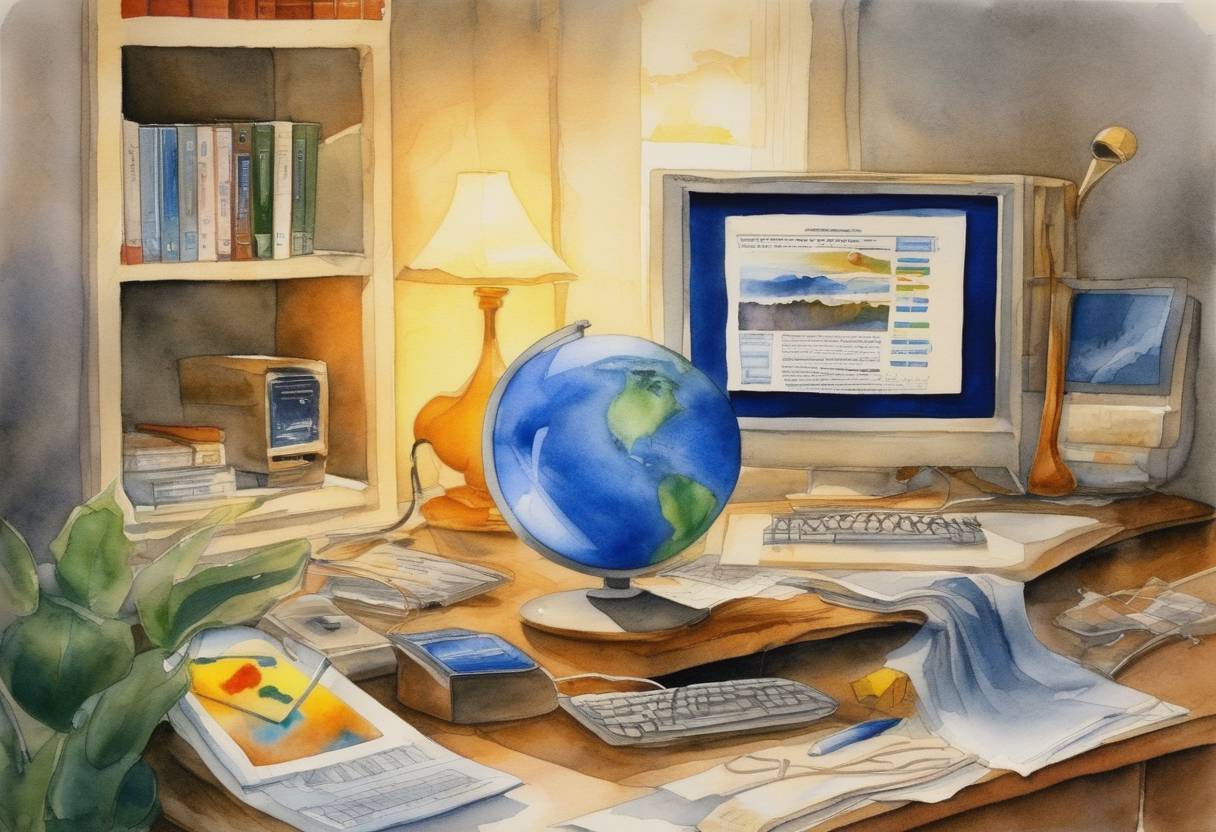 Watercolor painting based depiction of The first version of the popular web browser Microsoft Internet Explorer is released, representing a major step in the growth of the internet era. (1995)