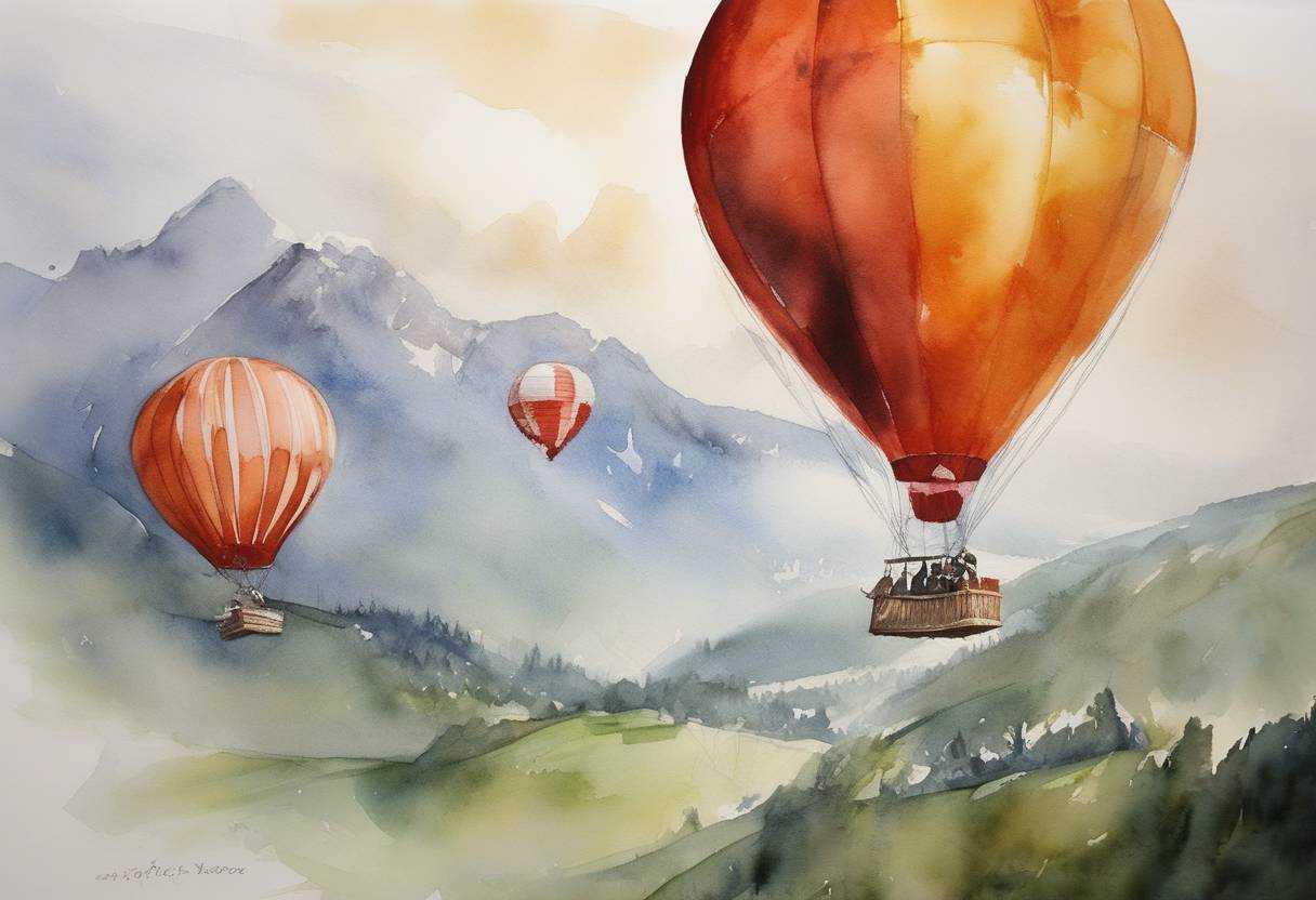Watercolor painting based depiction of Bertrand Piccard and Brian Jones became the first aviators to circumnavigate the globe non-stop in a balloon. (1999)