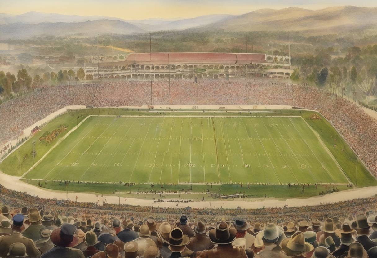 Watercolor painting based depiction of The first college football bowl game, the Rose Bowl, took place in Pasadena, California. (1902)