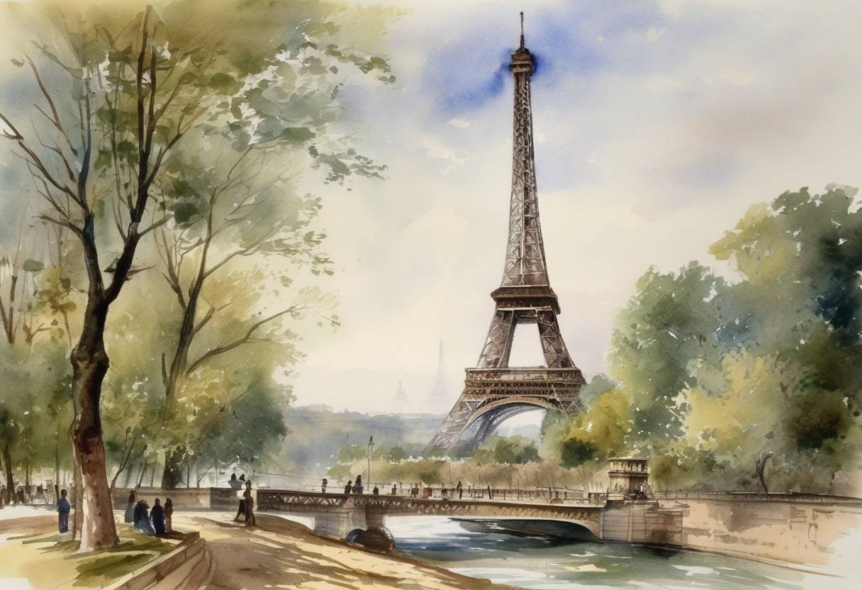 Watercolor painting based depiction of French engineer Gustave Eiffel completed the assembly of the Eiffel Tower in Paris, marking the culmination of a major architectural and engineering feat. (1889)