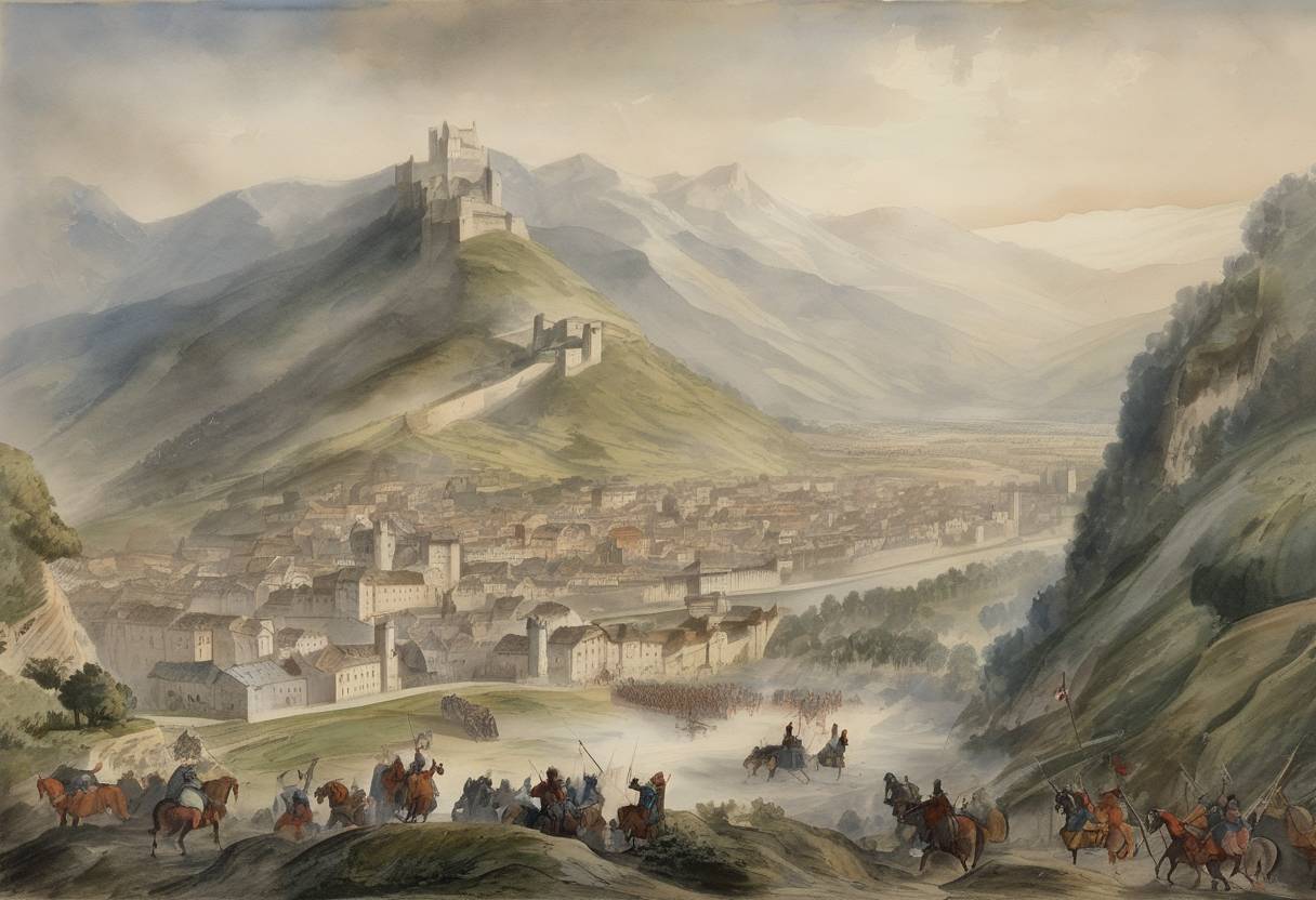 Watercolor painting based depiction of The forces of Philip V of France capture the city of Sion as part of the war of succession against Edward II of England. (1322)