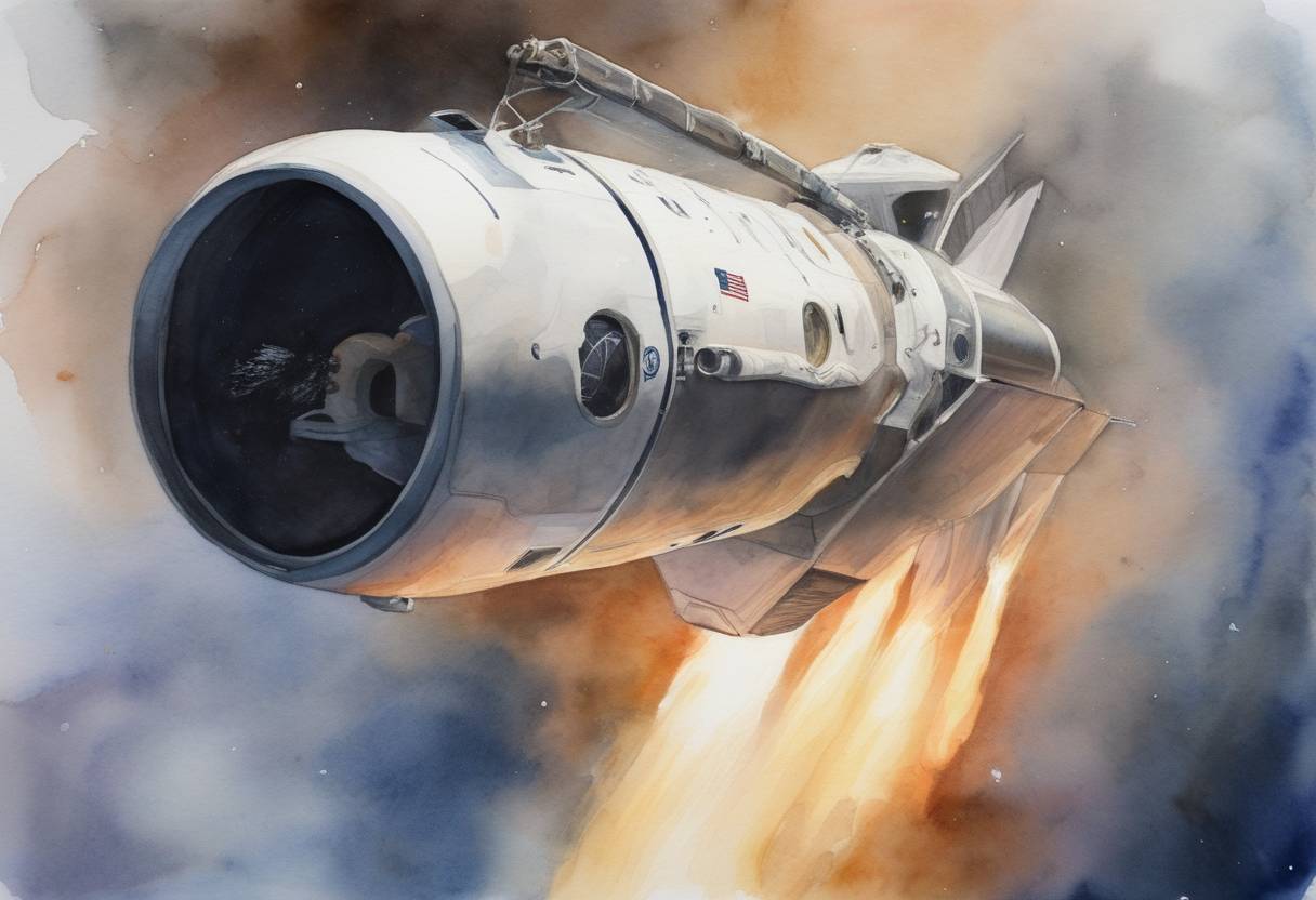 Watercolor painting based depiction of NASA and SpaceX officially announced the launch date for the first crewed flight of the Crew Dragon to the International Space Station, as part of the Commercial Crew Program. (2020)