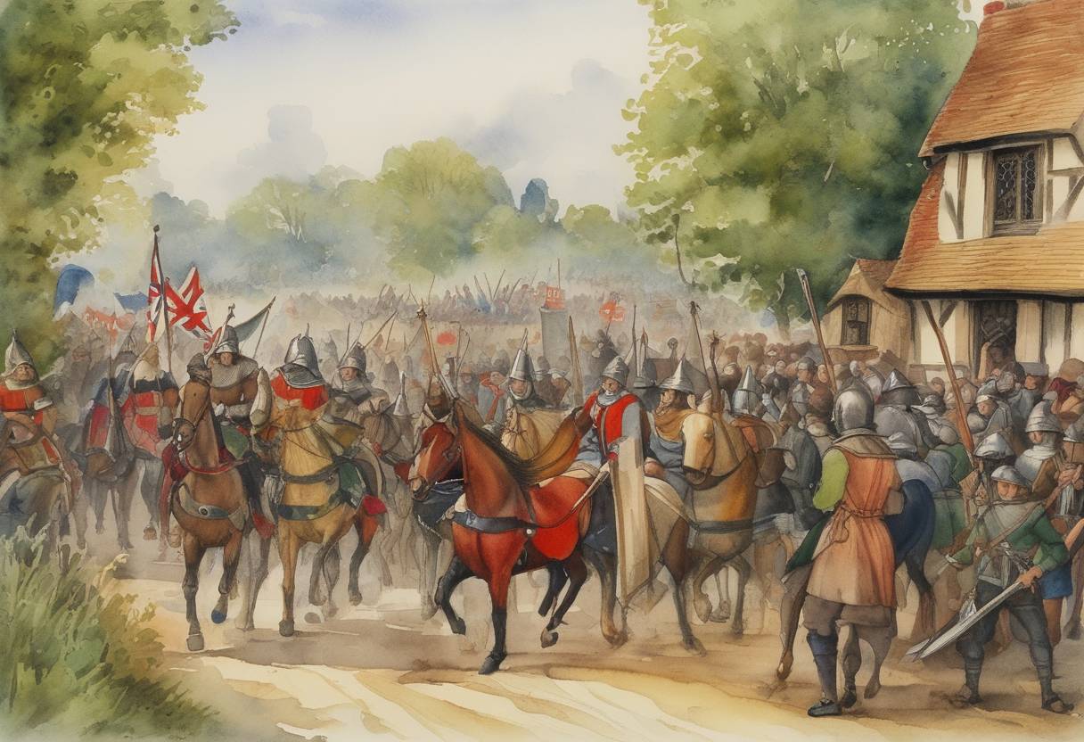 Watercolor painting based depiction of The English Peasants' Revolt began as tax collectors attempted to levy a poll tax in Brentwood, Essex, leading to extreme popular resistance. (1381)