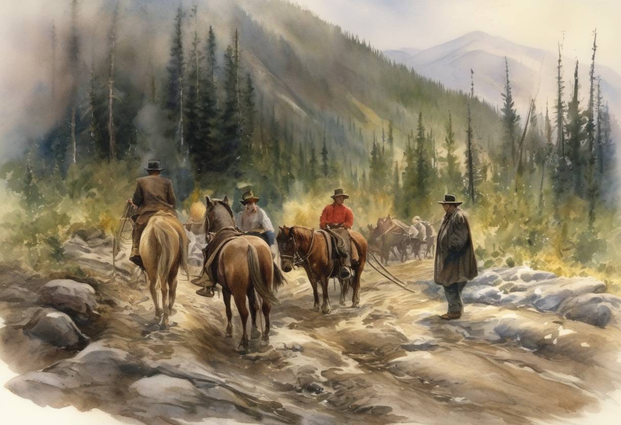 Watercolor painting based depiction of The Klondike Gold Rush begins when prospectors George Carmack, Dawson Charlie, and Skookum Jim find gold in Bonanza Creek, setting off one of the greatest gold rushes in history. (1897)