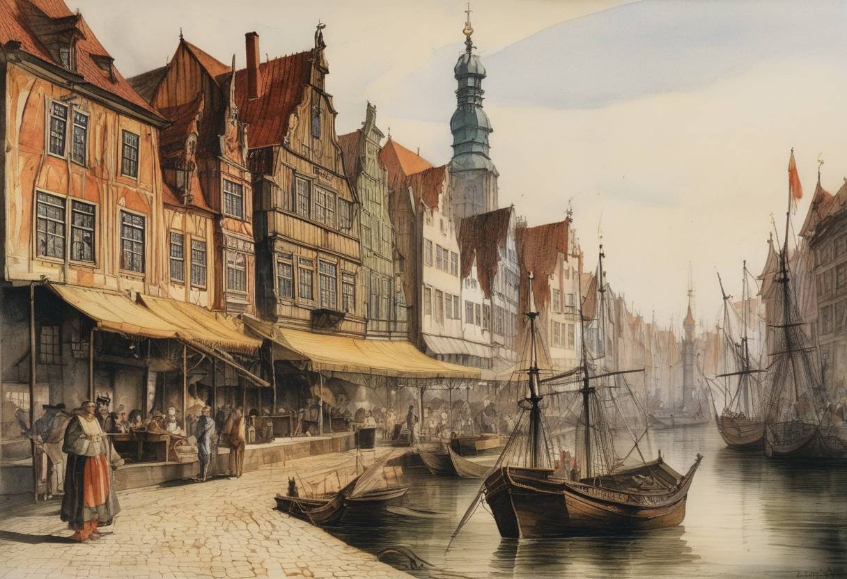 Watercolor painting based depiction of The city of Gdańsk was granted rights to levy taxes by King Sigismund III Vasa of Poland, enhancing its economic independence within the Polish-Lithuanian Commonwealth. (1610)