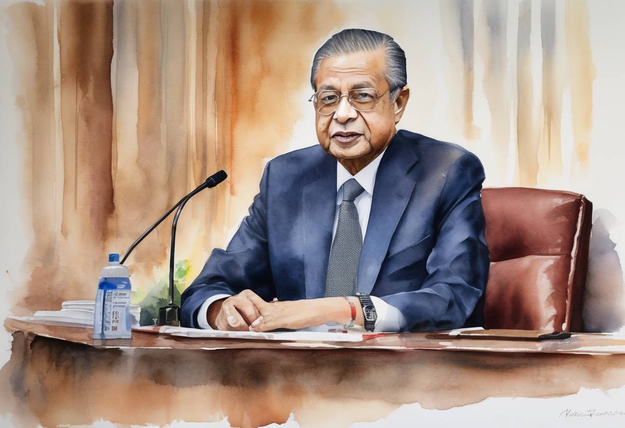 Watercolor painting based depiction of Mahathir Mohamad, Prime Minister of Malaysia, announced the resignation of the deputy prime minister and several ministers as part of political reconfigurations amidst internal party tensions. (2020)