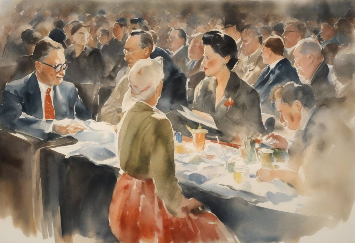 Watercolor painting based depiction of In Canada, the Royal Commission on Arts, Letters and Sciences was established to investigate federal support for the arts and to propose recommendations for future cultural policy. (1947)