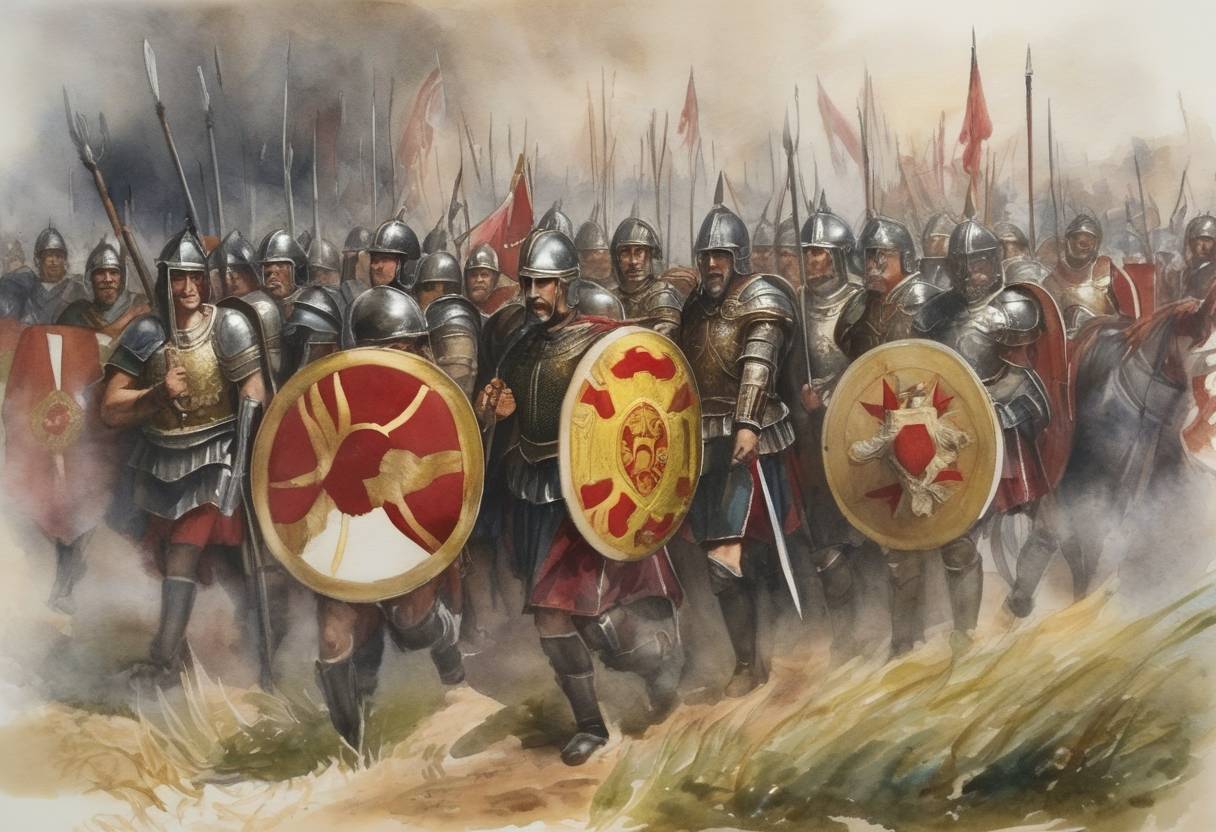 Watercolor painting based depiction of The Roman legions in Germania Superior refused to swear loyalty to Emperor Galba, marking the beginning of the Year of the Four Emperors. (69)