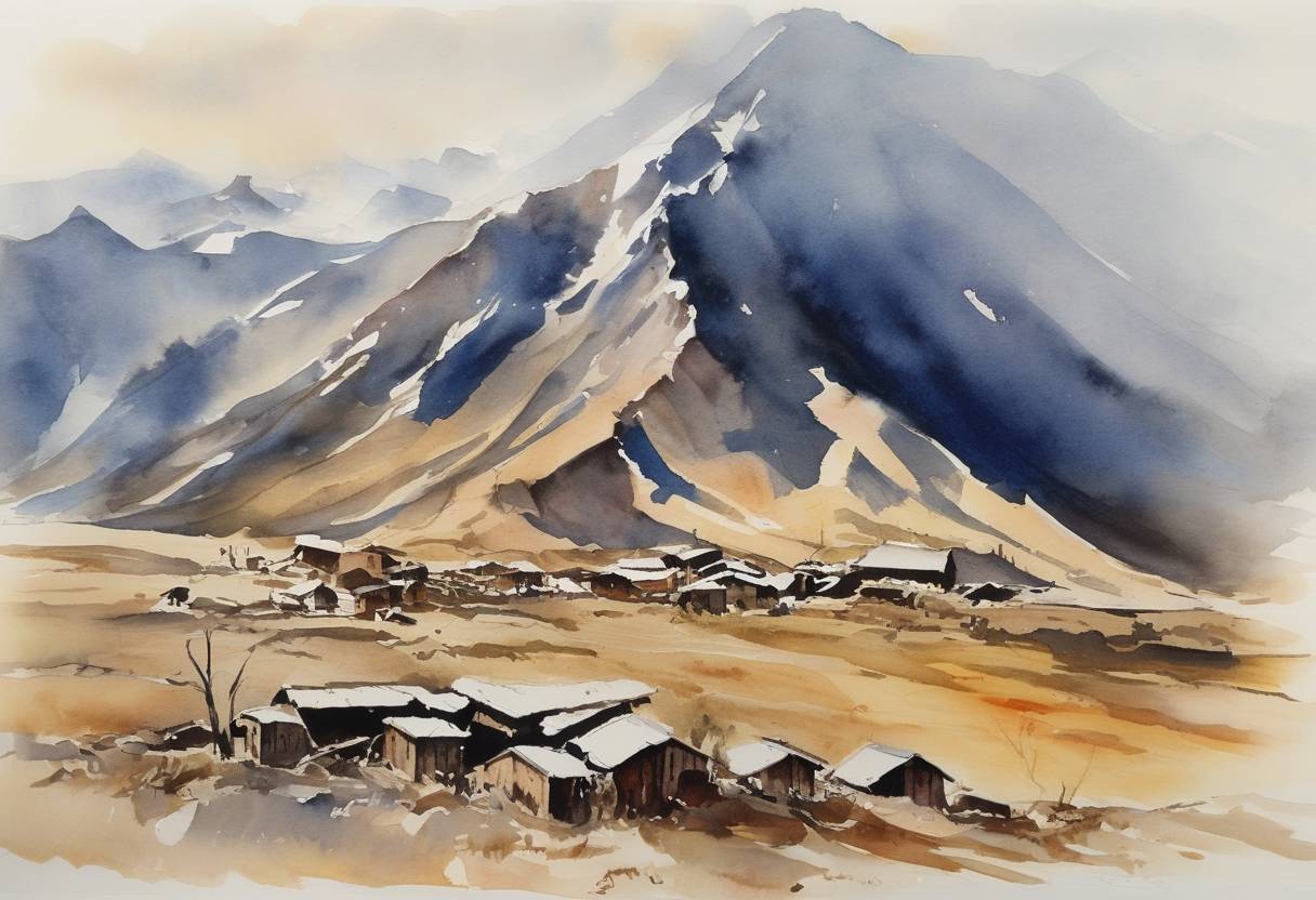 Watercolor painting based depiction of A series of severe earthquakes hit Chile, with the largest being a 7.8 magnitude in the Andes mountains region, causing widespread damage and casualties. (1965)