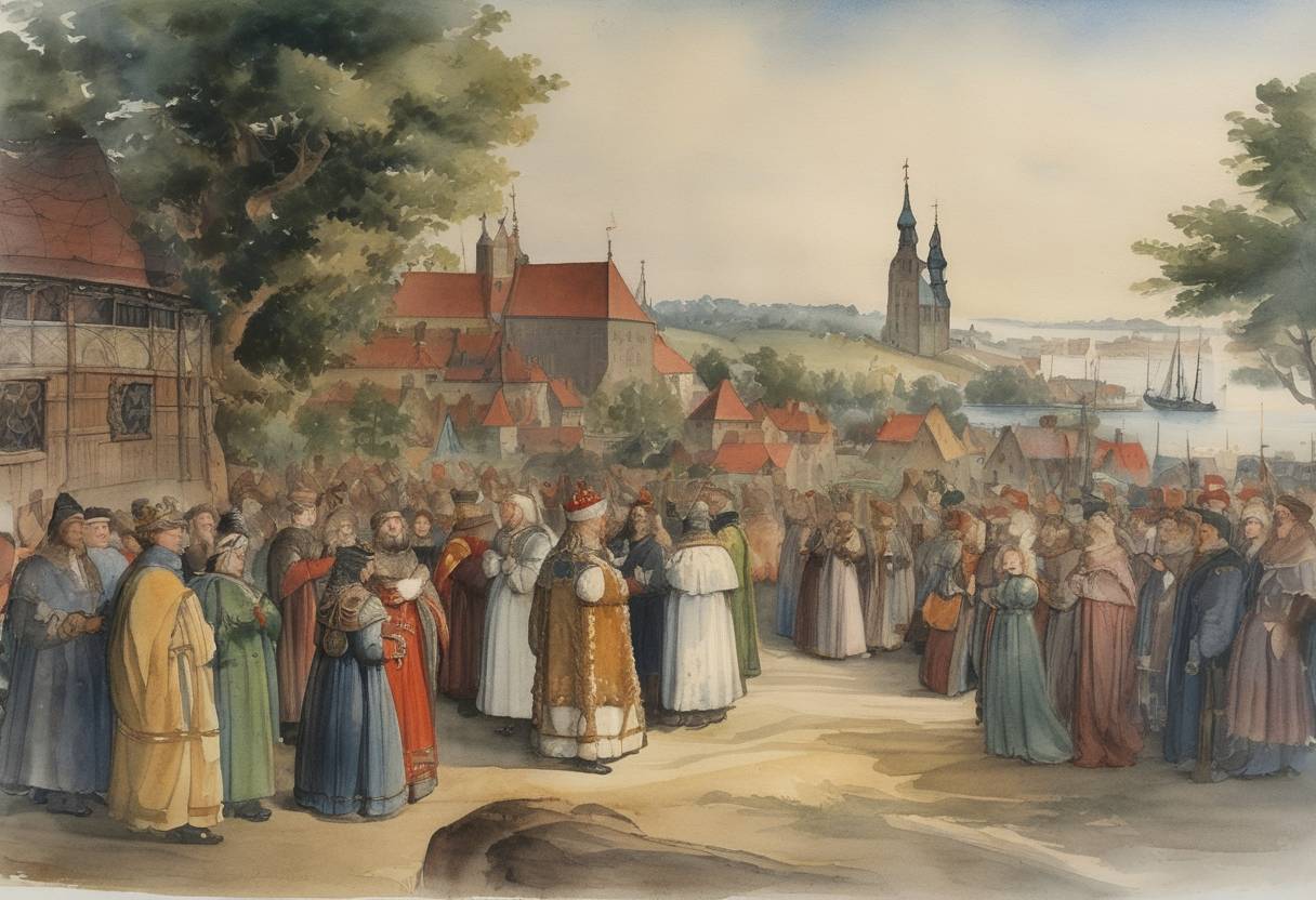 Watercolor painting based depiction of Union of Kalmar was established, uniting the kingdoms of Denmark, Sweden, and Norway under a single monarch. (1397)
