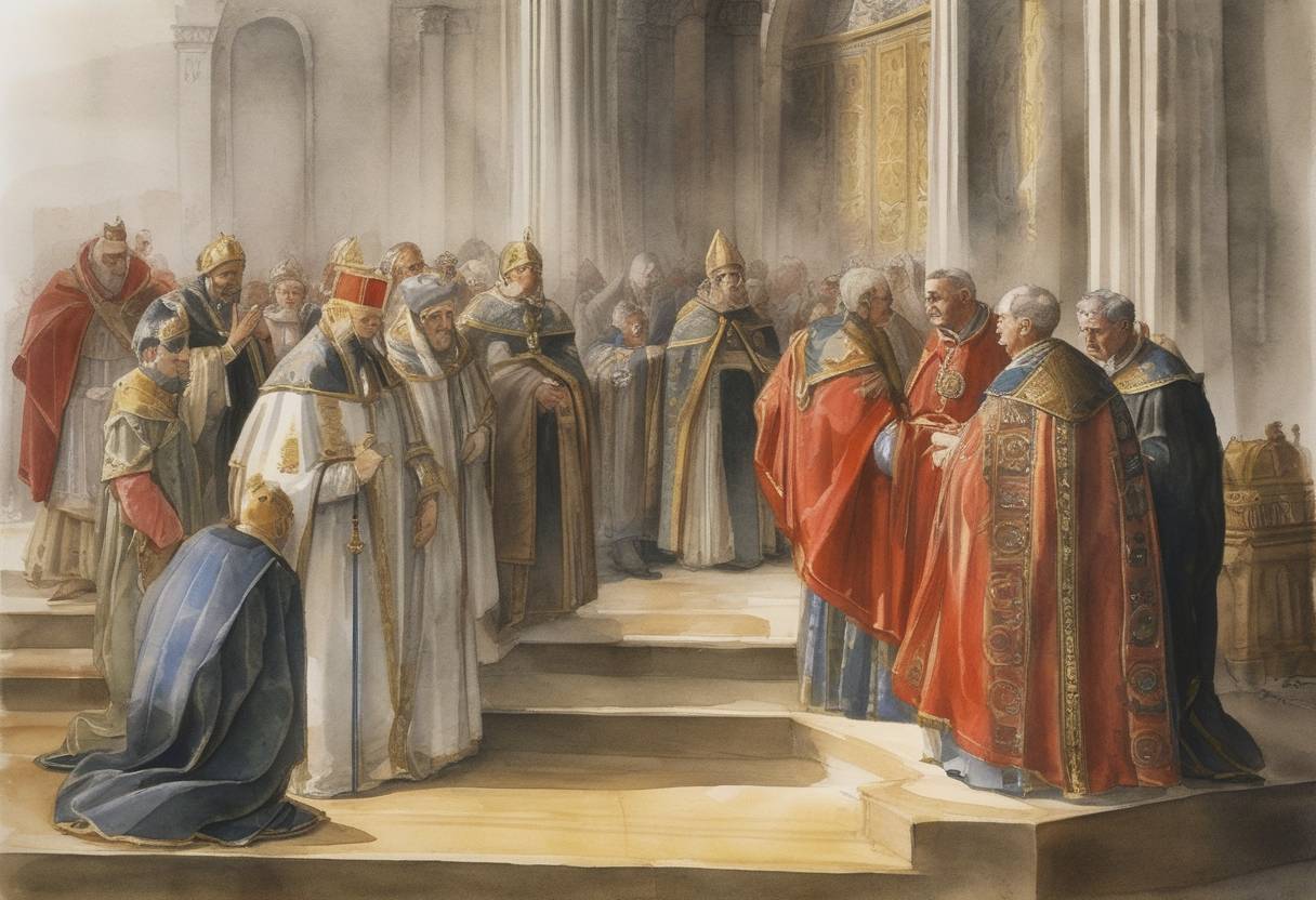 Watercolor painting based depiction of The Council of Pisa concluded its meetings with the election of Antipope Alexander V, which temporarily resolved the Western Schism by introducing a new papal line. (1409)
