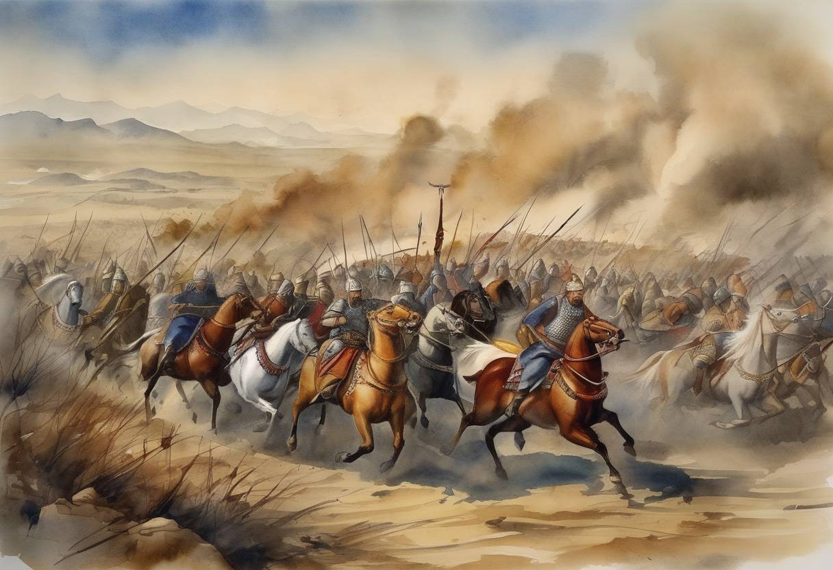 Watercolor painting based depiction of Battle of Köse Dağ: The Seljuk Turks are decisively defeated by the Mongols, resulting in Mongol dominance over Anatolia. (1243)