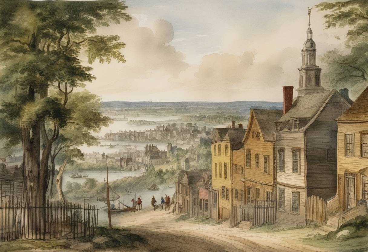 Watercolor painting based depiction of The city of Providence, Rhode Island, was founded by Roger Williams. (1636)