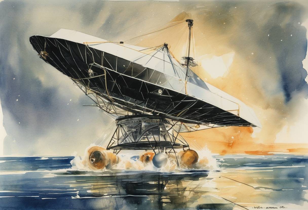 Watercolor painting based depiction of The United States launched TIROS-1, the world's first successful weather satellite, marking a new era in meteorological observation. (1960)