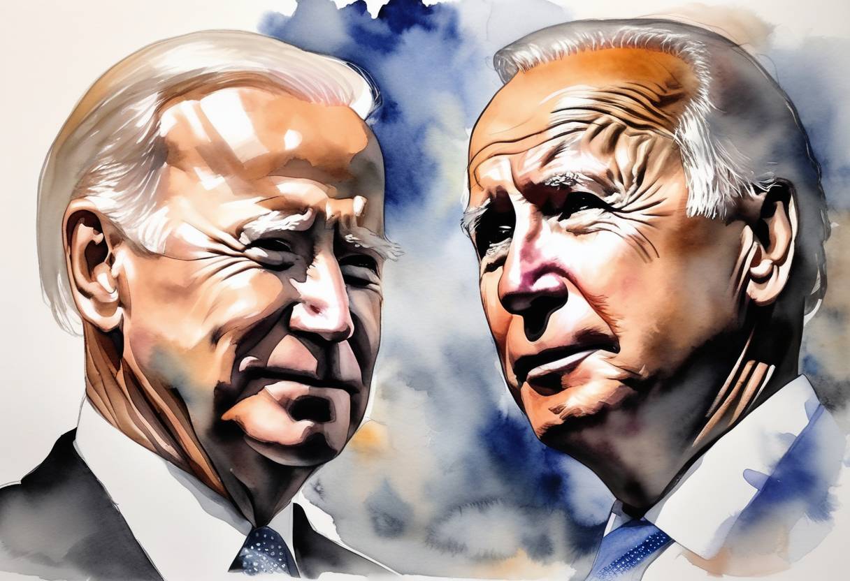 Watercolor painting based depiction of The Geneva Summit between U.S. President Joe Biden and Russian President Vladimir Putin was held to discuss crucial issues such as arms control, cybersecurity, and human rights. (2021)