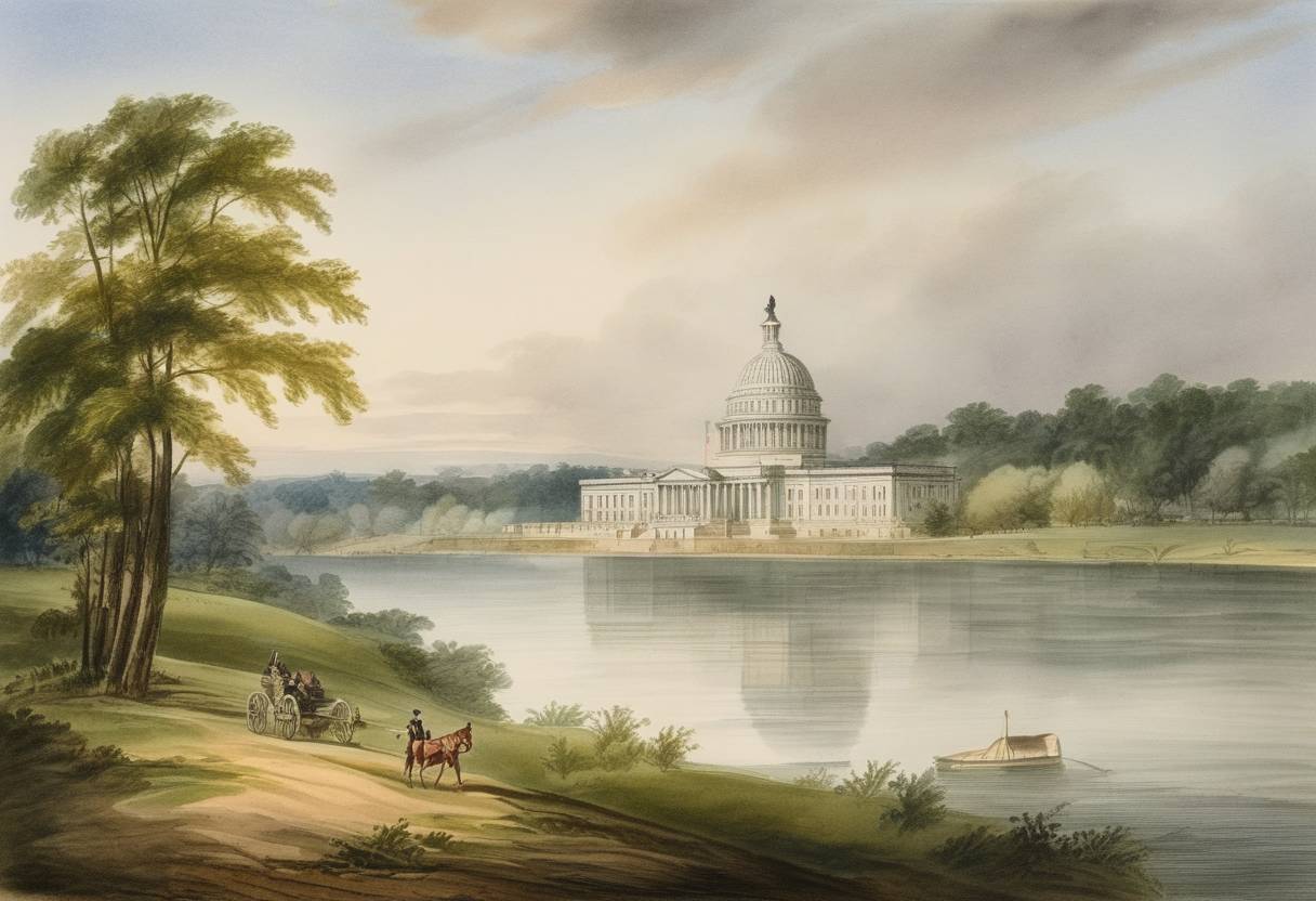 Watercolor painting based depiction of The United States Senate approved the creation of the Army Corps of Engineers. (1803)