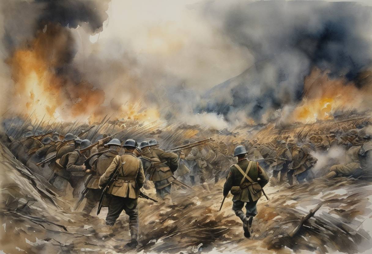 Watercolor painting based depiction of The Battle of Verdun, one of the largest battles of World War I between German and French forces, continues with intense fighting. This battle eventually becomes one of the longest and most costly battles in human history. (1916)