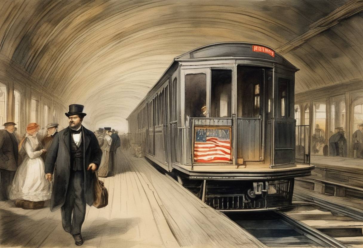 Watercolor painting based depiction of The first New York City subway line was opened to the public, known as the Beach Pneumatic Transit, an experimental pneumatic subway line. However, it was not converted into a full-scale transit system. (1870)