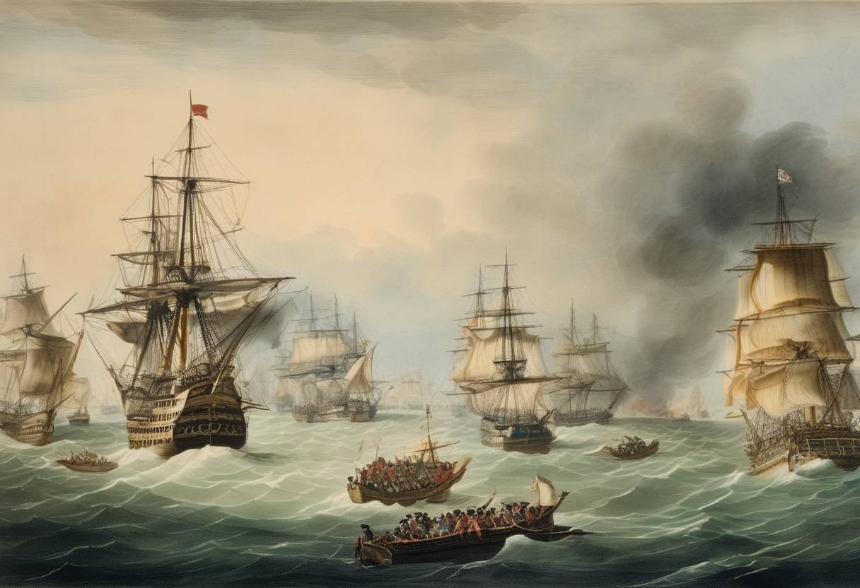 Watercolor painting based depiction of The naval Battle of Cape St. Vincent begins, wherein a British fleet under Admiral George Rodney defeats a Spanish squadron. (1779)