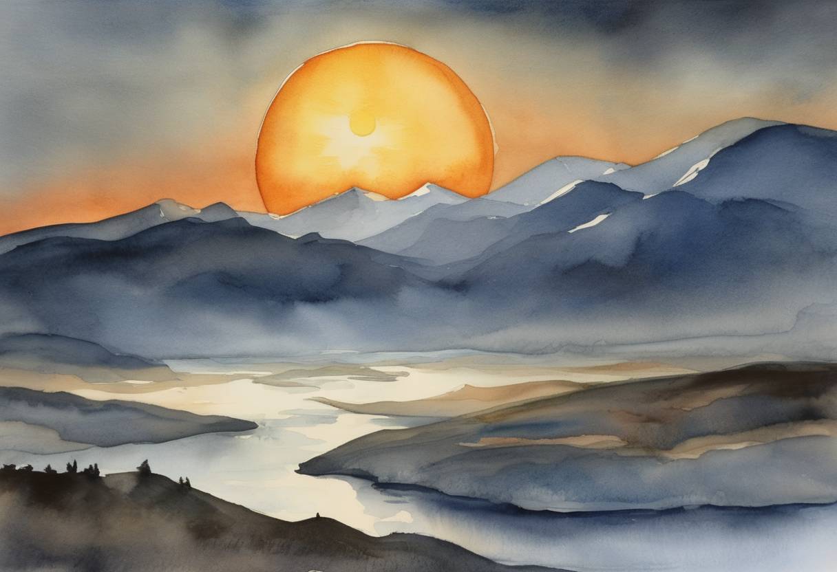 Watercolor painting based depiction of A total solar eclipse occurred, with the path of totality crossing parts of Canada, Greenland, the Arctic, Russia, China, and Mongolia, fascinating skywatchers worldwide. (2008)