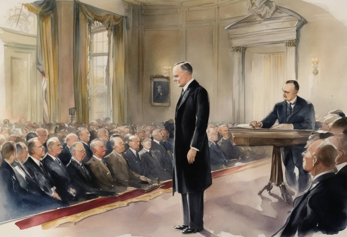 Watercolor painting based depiction of Calvin Coolidge was sworn in as the 30th President of the United States following the death of President Warren G. Harding while on a speaking tour. (1923)