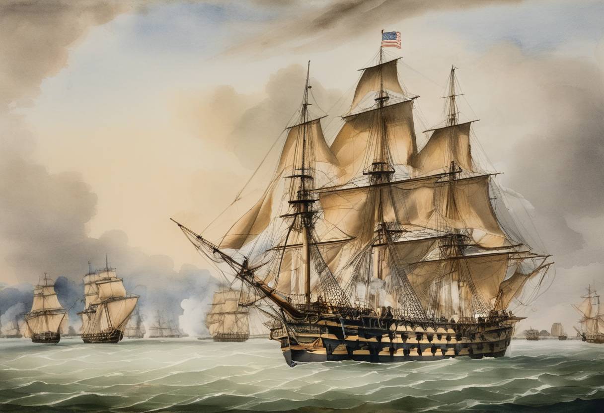 Watercolor painting based depiction of The Embargo Act of 1807 was passed in the United States, intended to prohibit American ships from trading in foreign ports and to stop the British and French from violating U.S. shipping neutrality during the Napoleonic Wars. (1807)