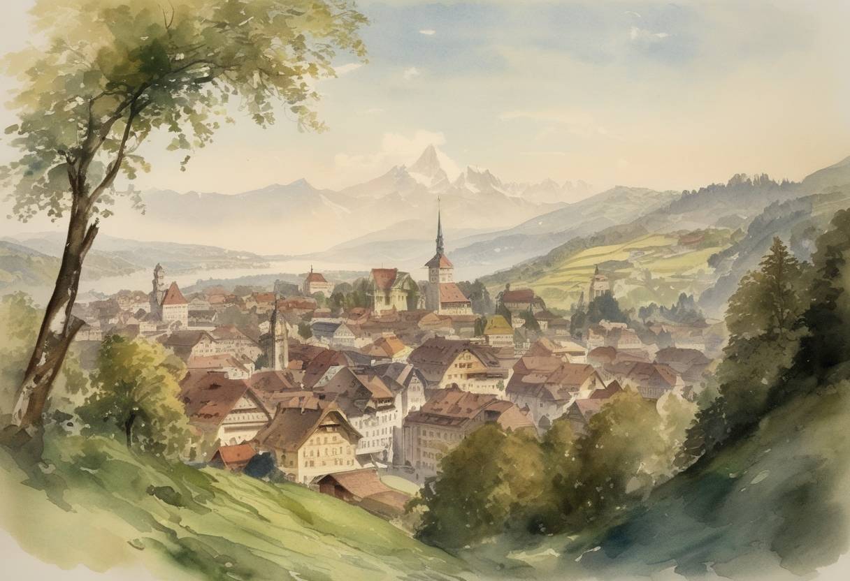 Watercolor painting based depiction of The Swiss government decides to move the capital of Switzerland to Bern. (1891)