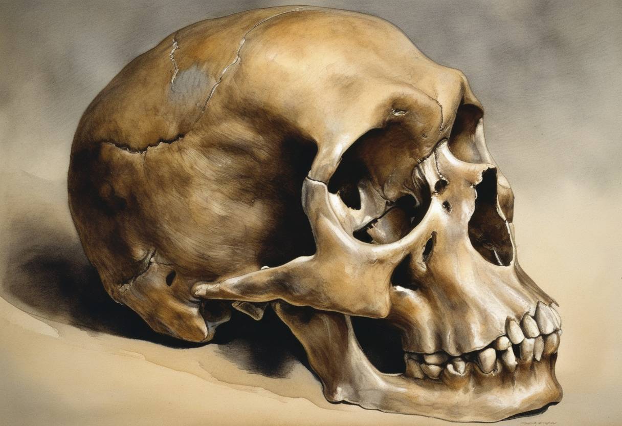 Watercolor painting based depiction of The British Natural History Museum announced that the skull of the 'Piltdown Man,' a fossilized skull that had been presented as a missing link between apes and humans, was a hoax. (1953)