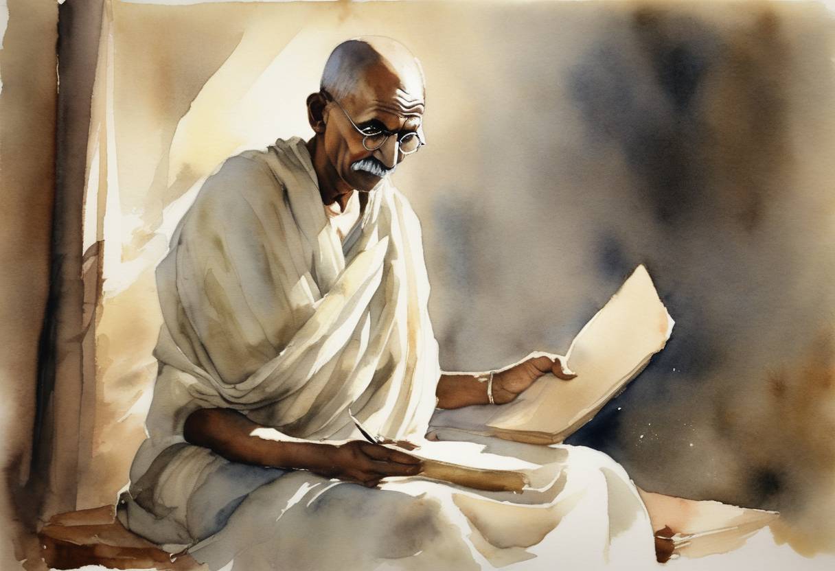 Watercolor painting based depiction of Mahatma Gandhi coined the term 'Satyagraha' during a meeting in Johannesburg, South Africa. 'Satyagraha' refers to his philosophy and practice of nonviolent resistance, which would later play a crucial role in the Indian independence movement. (1906)