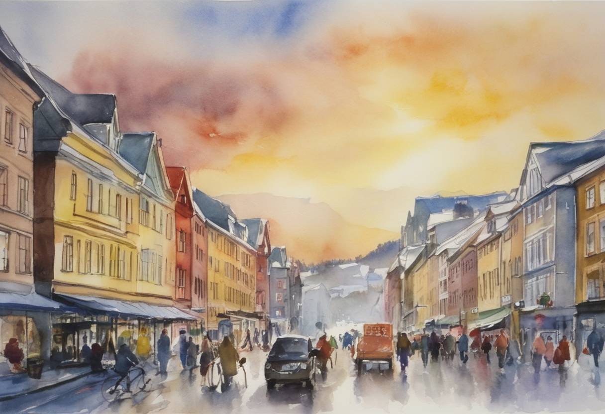 Watercolor painting based depiction of Norway held a referendum in which the Norwegian people voted against joining the European Union. (1994)