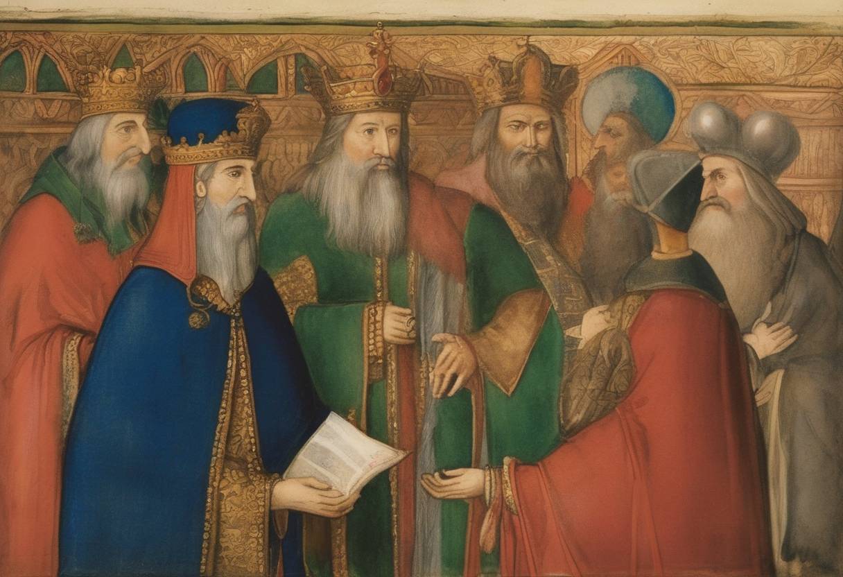 Watercolor painting based depiction of Wenceslaus III, King of Hungary, Bohemia, and Poland, issued a decree concerning inheritance rights, reflecting the central role nobility played in supporting royal governance. This marked a significant aspect of the feudal systems in medieval Central Europe. (1301)