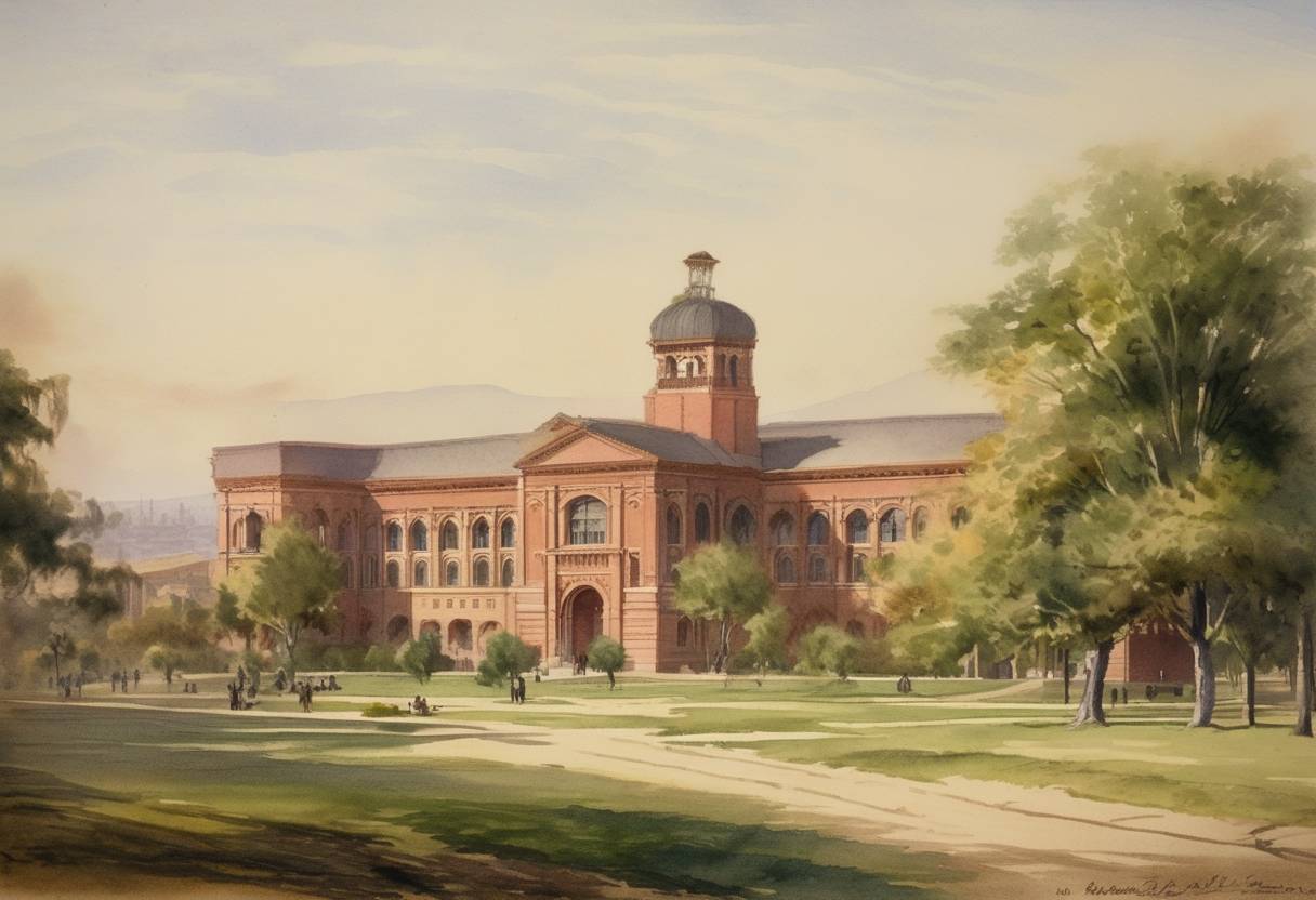Watercolor painting based depiction of The University of Southern California was founded, contributing to the higher education landscape of the United States. (1880)