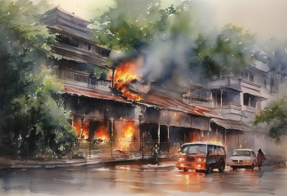 Watercolor painting based depiction of In Bangkok, Thailand, a fire at the Santika Club killed 66 people and injured over 200. (1999)
