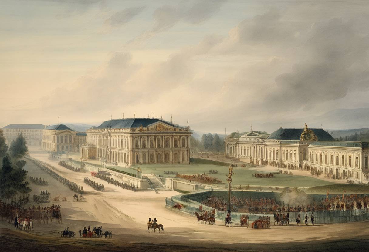 Watercolor painting based depiction of The Treaty of Schönbrunn was signed between France, under Napoleon Bonaparte, and Austria, following the War of the Fifth Coalition. The treaty imposed harsh terms on Austria, ceding territory to France's allies and recognizing French dominance in the region. (1809)