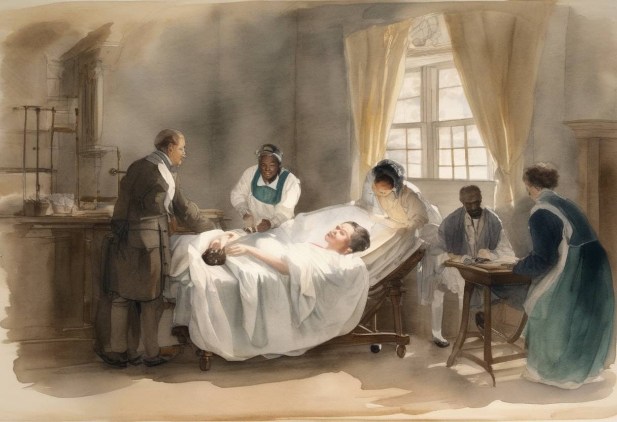 Watercolor painting based depiction of Dr. Ephraim McDowell performed the first successful removal of an ovarian tumor, pioneering abdominal surgery. (1809)