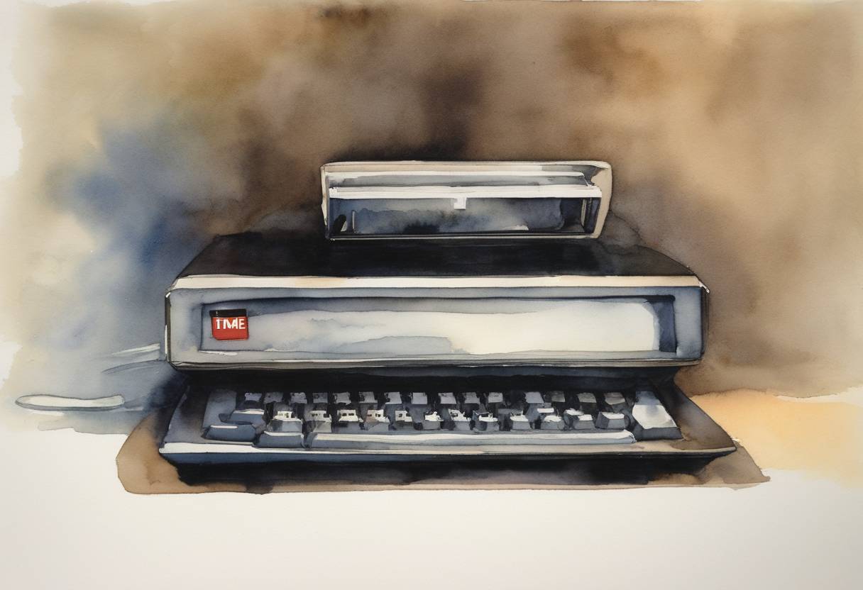 Watercolor painting based depiction of Time magazine announced its Man of the Year as 'The Computer', marking the first time the award was given to a non-human. (1982)