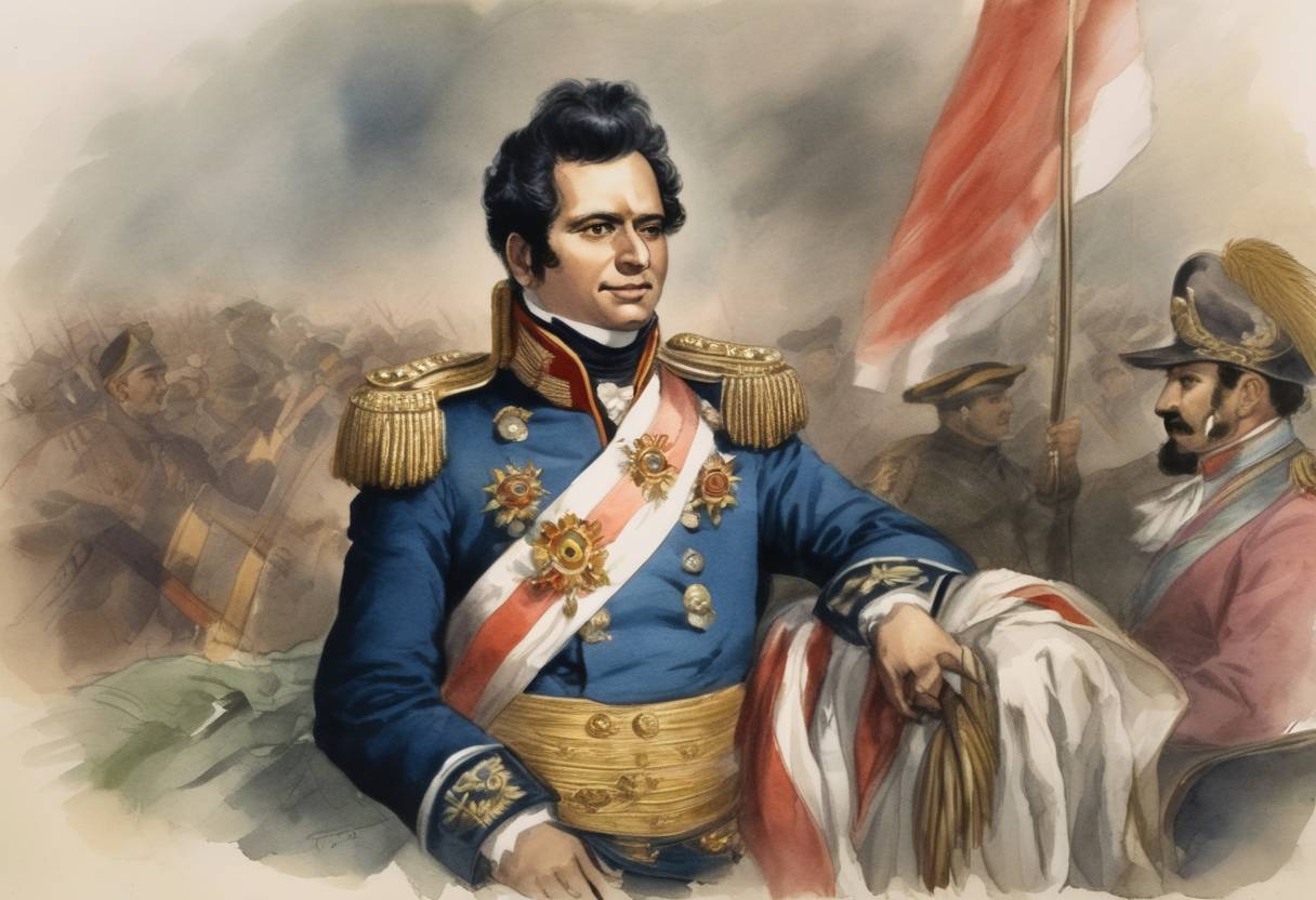 Watercolor painting based depiction of Simón Bolívar is named President of Peru, reinforcing his influence in South American liberation movements against Spanish control. (1823)