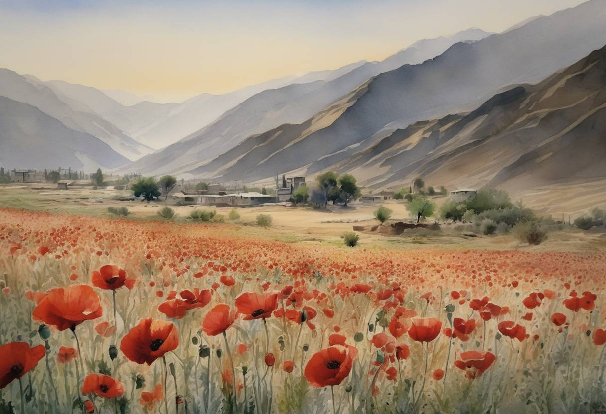 Watercolor painting based depiction of The United Nations Office on Drugs and Crime launched a report indicating that the cultivation of opium poppies in Afghanistan surged by 59% from the previous year, despite international efforts to control it. (2006)