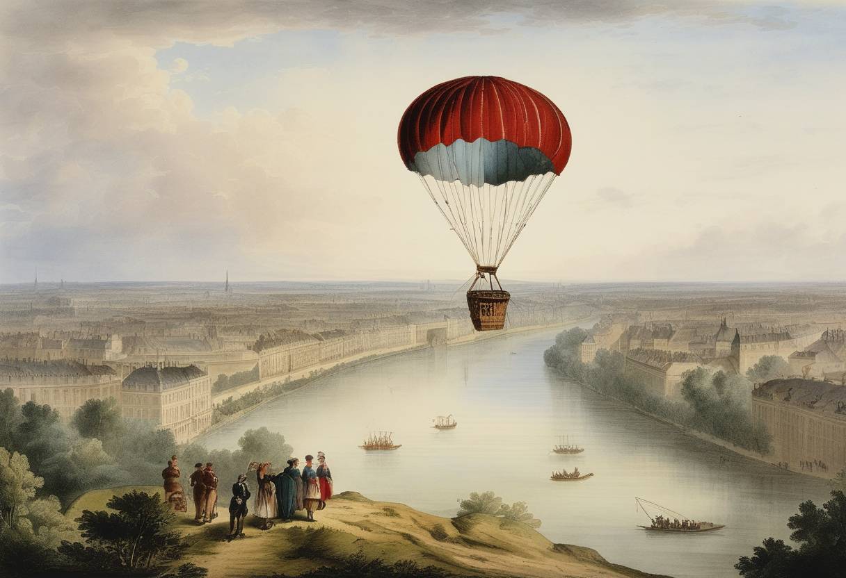 Watercolor painting based depiction of The first successful parachute jump from a balloon is made by Jean-François Pilâtre de Rozier, landing safely after leaping from a height of 3,000 feet. (1819)