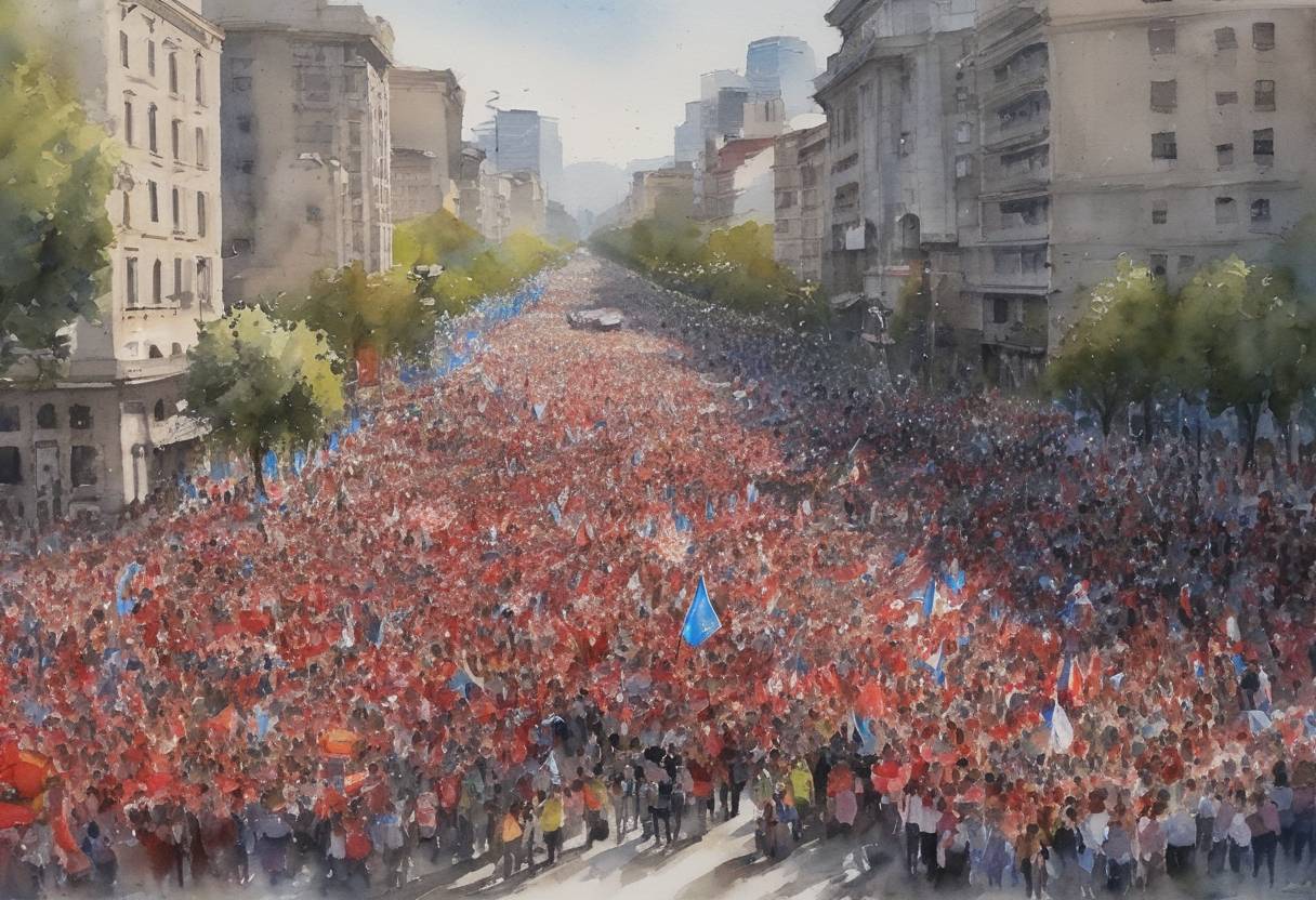 Watercolor painting based depiction of Hundreds of thousands of protesters took to the streets of Santiago, Chile, for one of the largest demonstrations in the country’s history, demanding reforms in health, education, and pensions. (2019)