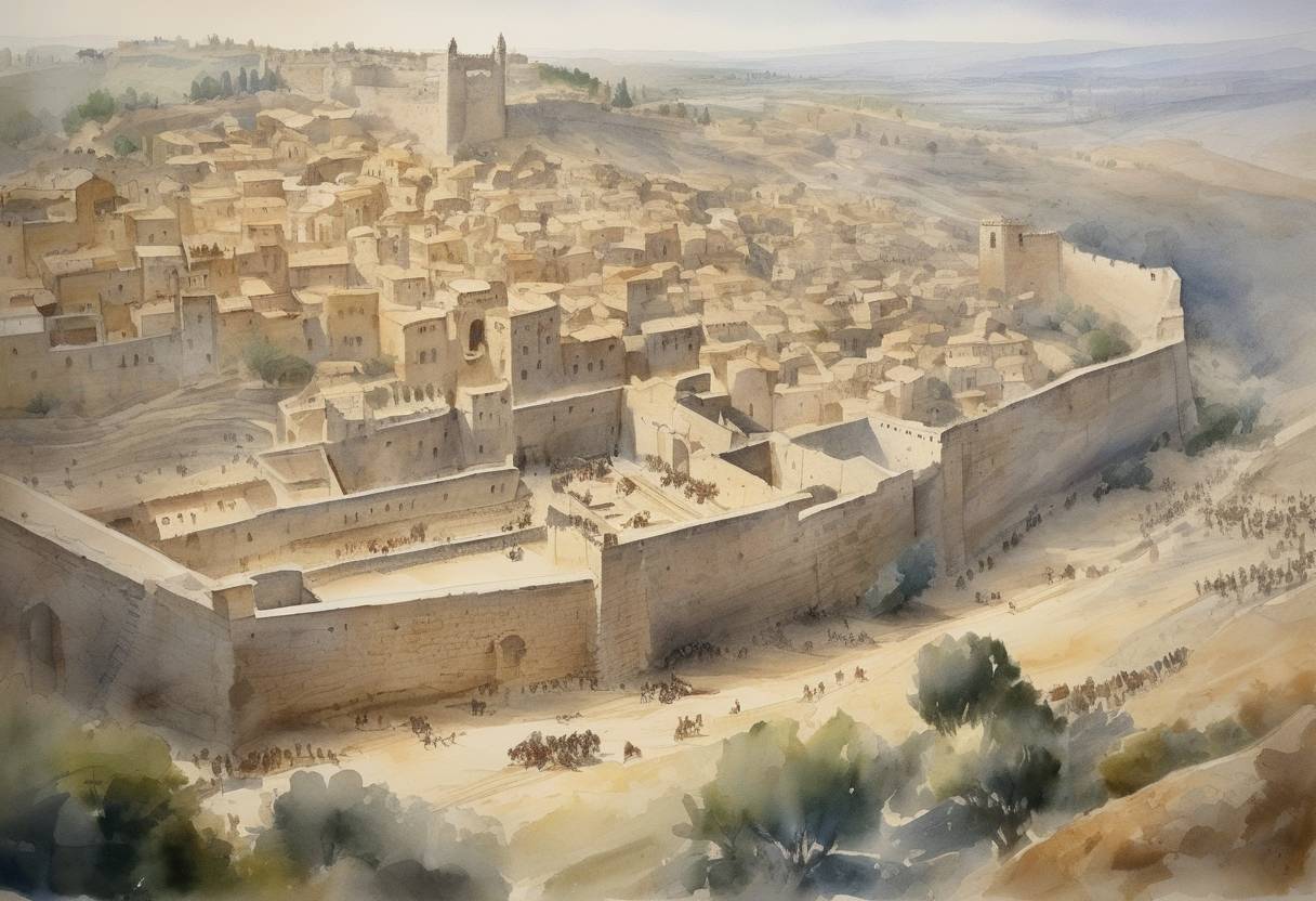 Watercolor painting based depiction of The city of Jerusalem fell to the Roman forces led by Titus after a prolonged siege, effectively marking the end of the First Jewish–Roman War. (70)