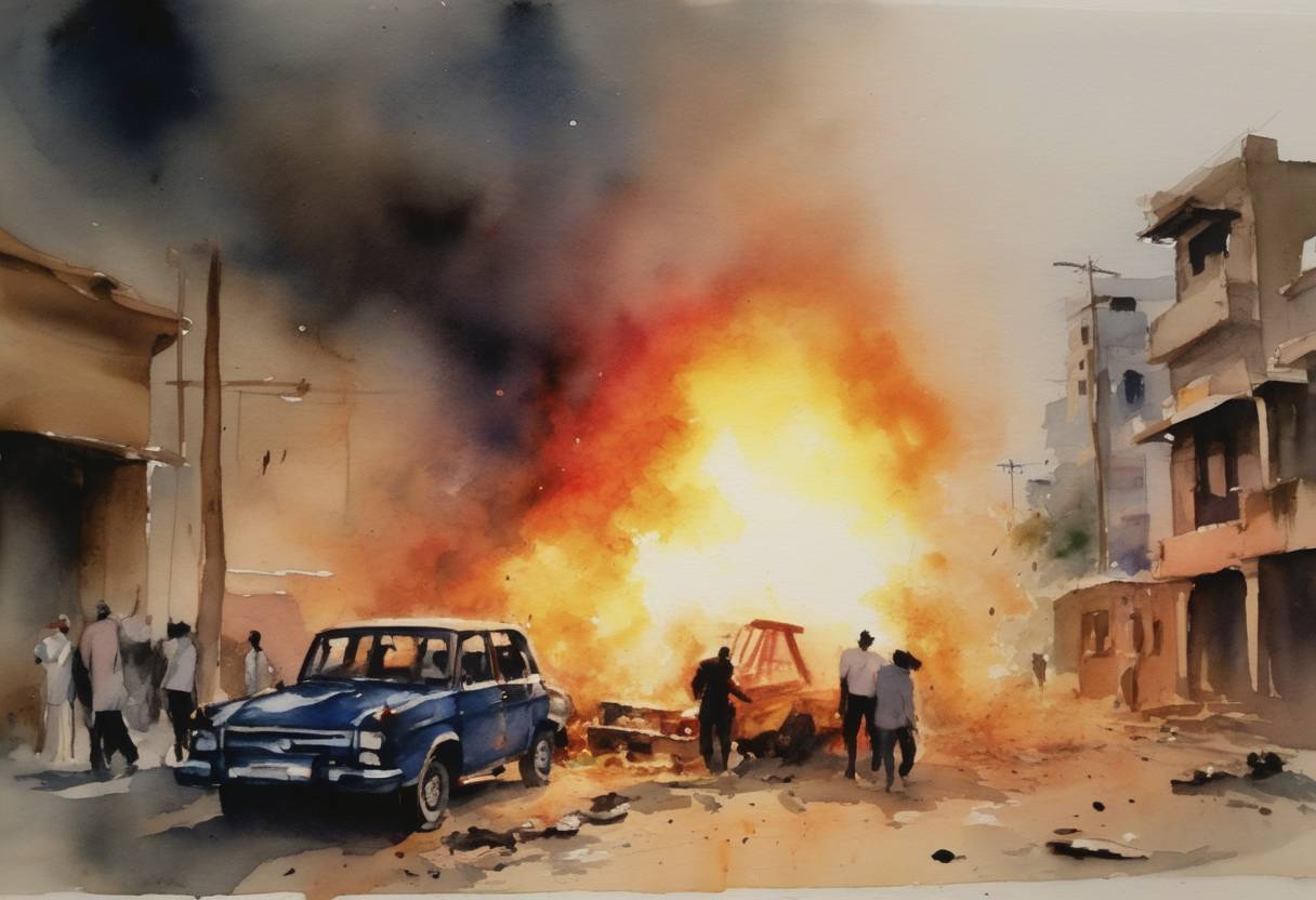 Watercolor painting based depiction of A bomb exploded near the house of former Pakistani Prime Minister Benazir Bhutto, who had been assassinated in December 2007. The attack targeted the police office and resulted in multiple casualties. (2008)