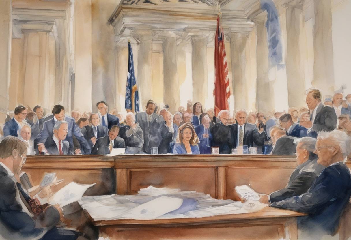Watercolor painting based depiction of The Florida Supreme Court ordered an immediate manual recount of approximately 45,000 disputed votes in the U.S. presidential election, a decision that was later halted by the U.S. Supreme Court. (2000)